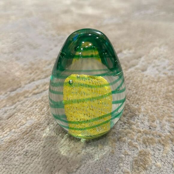 Studio Art Glass Egg Shaped Yellow Green Swirly Paperweight